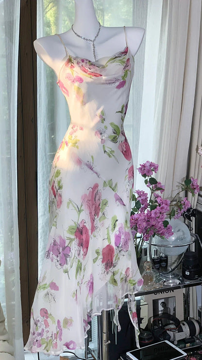 White Pink Floral Ball Gown Long Chiffon Date Dress Evening Dress Birthday Dress Wedding Dress gh4531