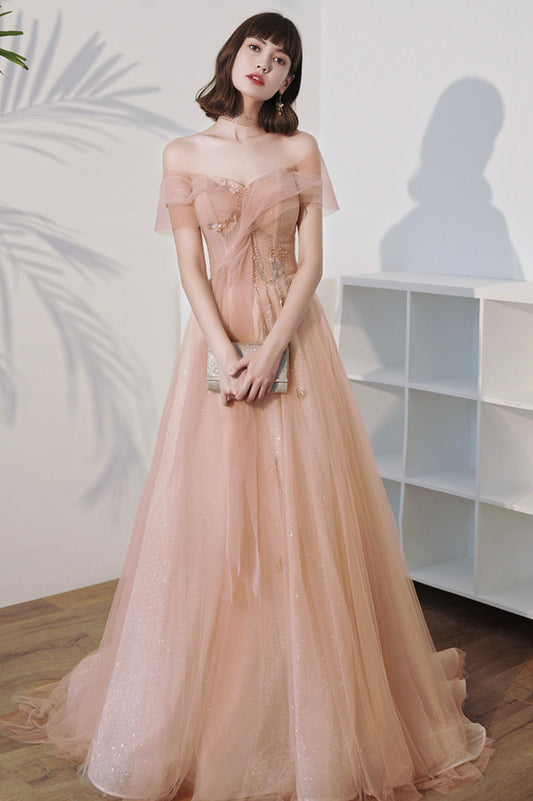 Pink Off the Shoulder Tulle Long Prom Dress, Cute A-Line Evening Dress