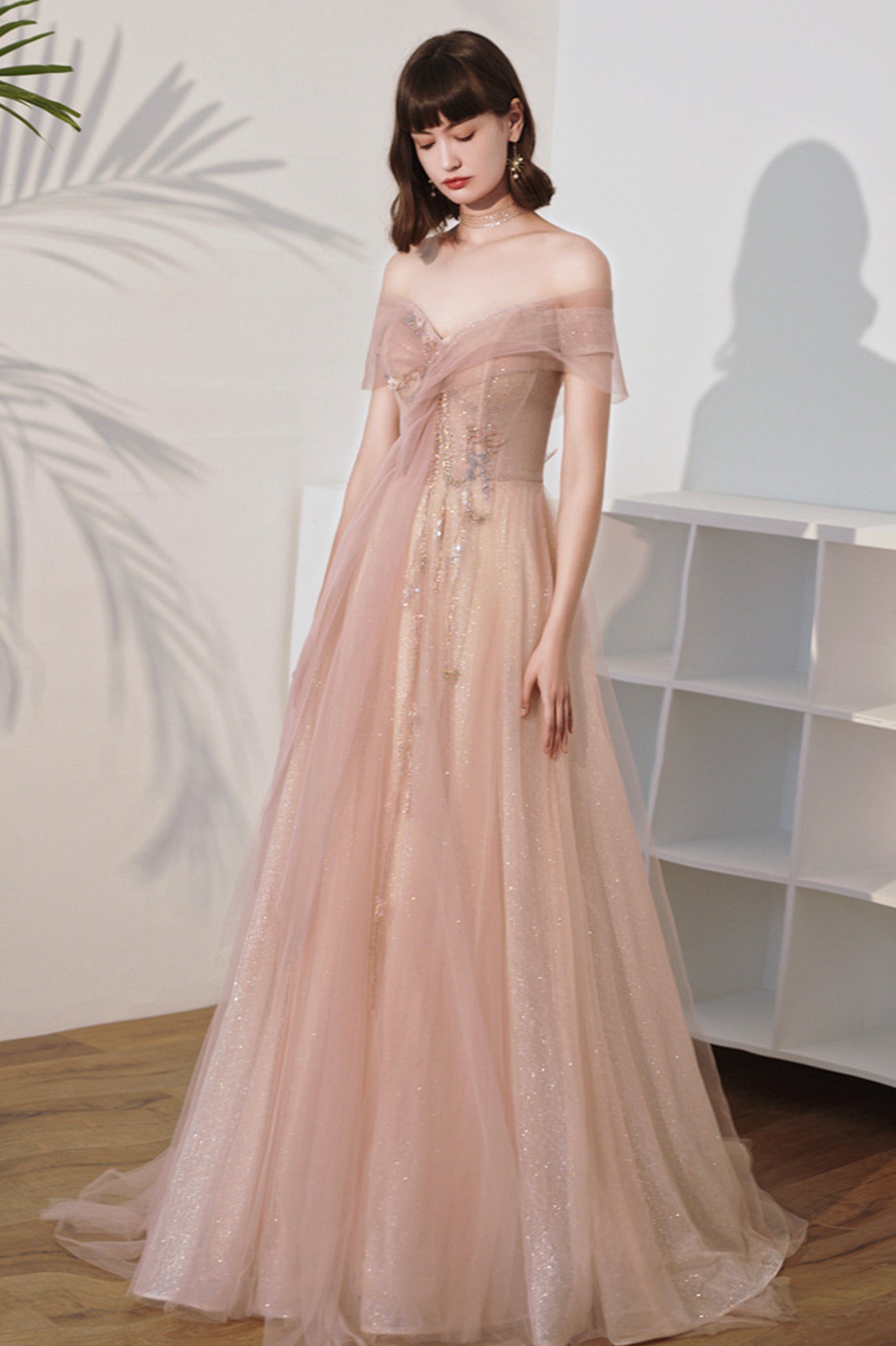 Pink Off the Shoulder Tulle Long Prom Dress, Cute A-Line Evening Dress