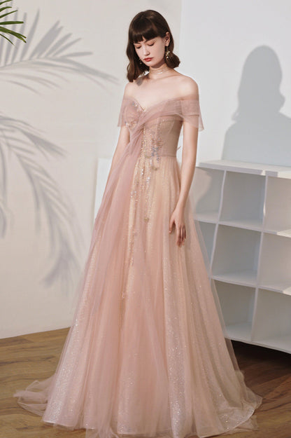 Pink Off the Shoulder Tulle Long Prom Dress, Cute A-Line Evening Dress