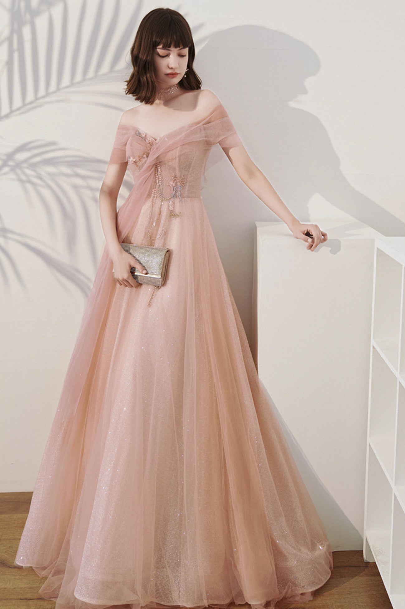 Pink Off the Shoulder Tulle Long Prom Dress, Cute A-Line Evening Dress