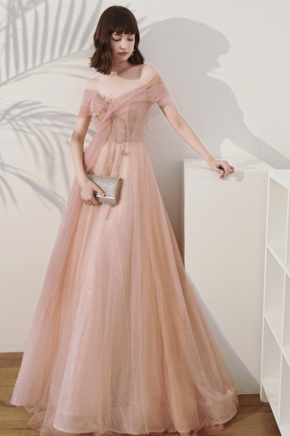 Pink Off the Shoulder Tulle Long Prom Dress, Cute A-Line Evening Dress