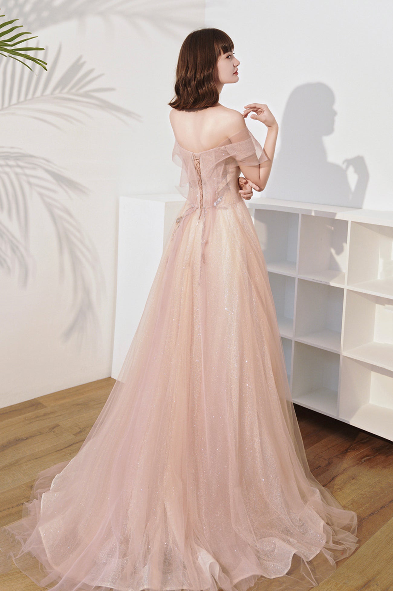 Pink Off the Shoulder Tulle Long Prom Dress, Cute A-Line Evening Dress