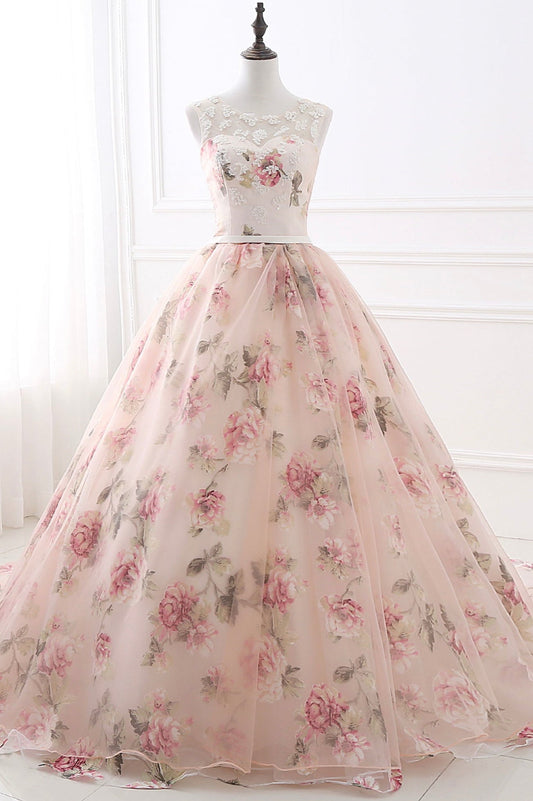 Cute Floral Long Prom Dress with Lace,  A-Line Scoop Neckline Party Dress