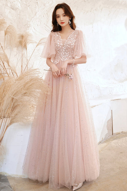 Pink V-Neck Tulle Long Prom Dress, A-Line Evening Graduation Dress