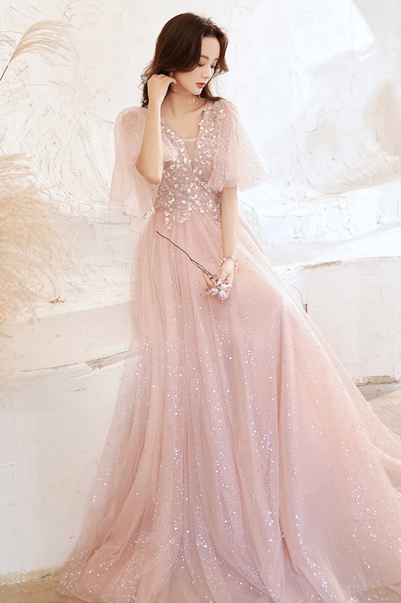 Pink V-Neck Tulle Long Prom Dress, A-Line Evening Graduation Dress