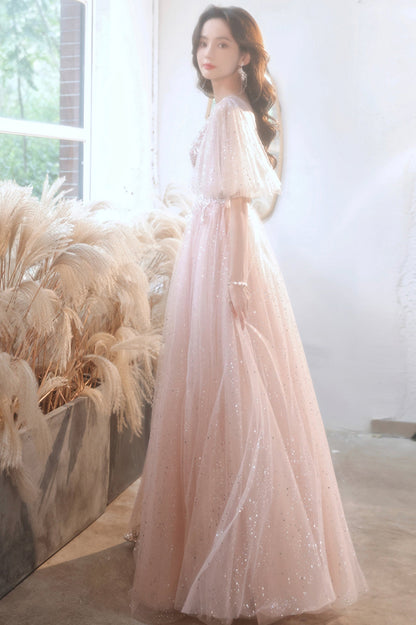 Pink V-Neck Tulle Long Prom Dress, A-Line Evening Graduation Dress