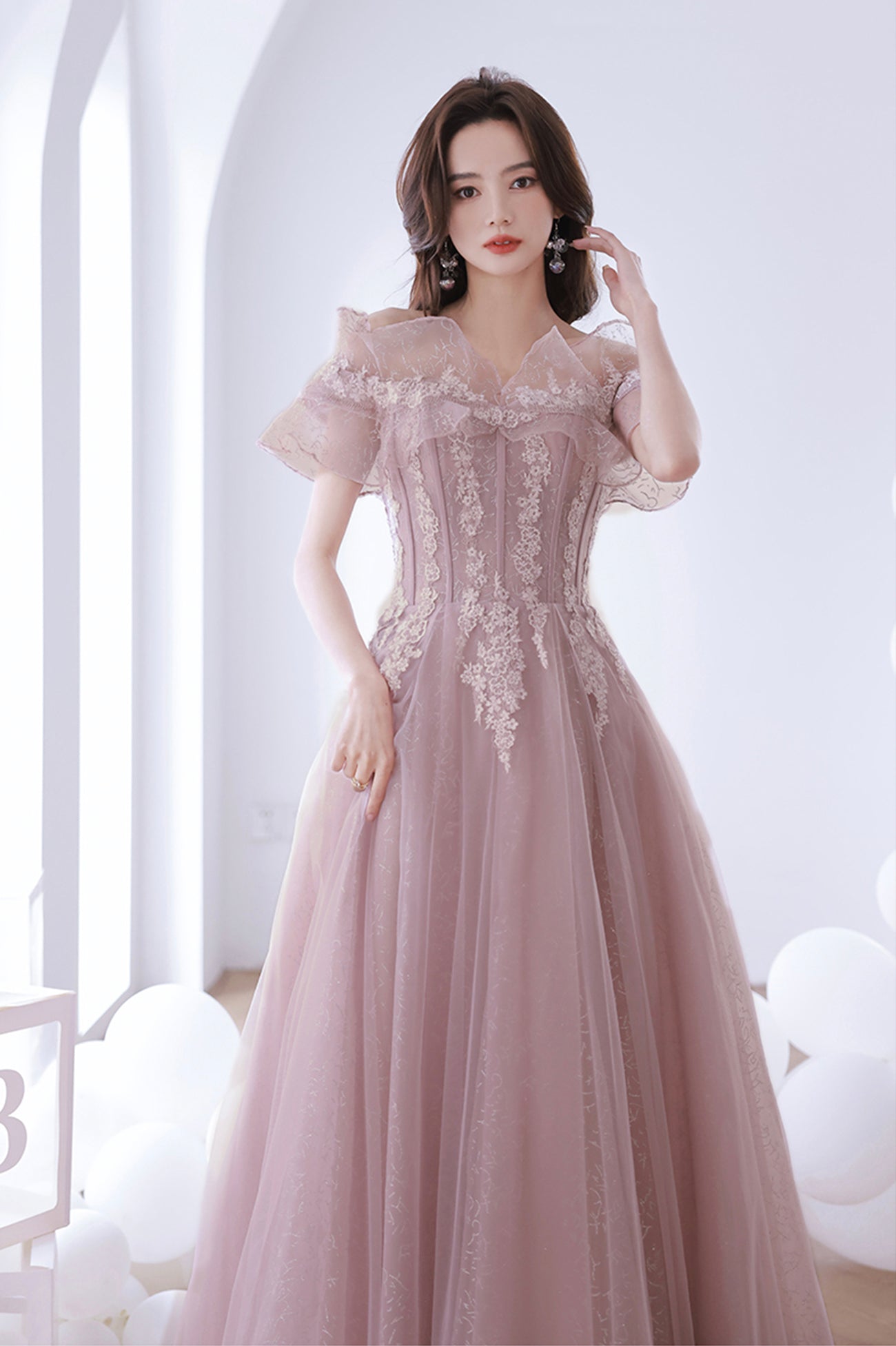 Pink Lace Off the Shoulder Prom Dress, Cute Pink Graduation Dress