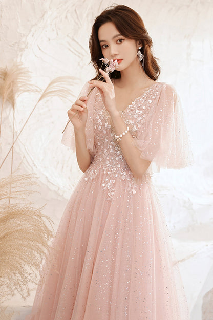 Pink V-Neck Tulle Long Prom Dress, A-Line Evening Graduation Dress
