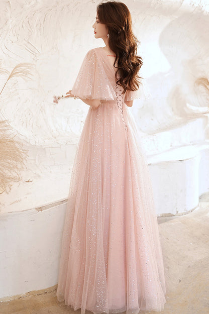 Pink V-Neck Tulle Long Prom Dress, A-Line Evening Graduation Dress