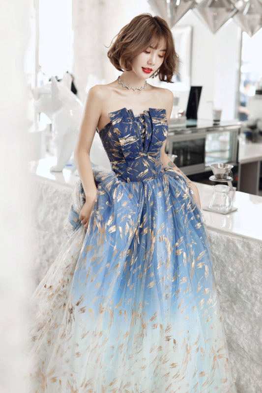 Blue Gradient Tulle Long Prom Dress, A-Line Strapless Evening Party Dress