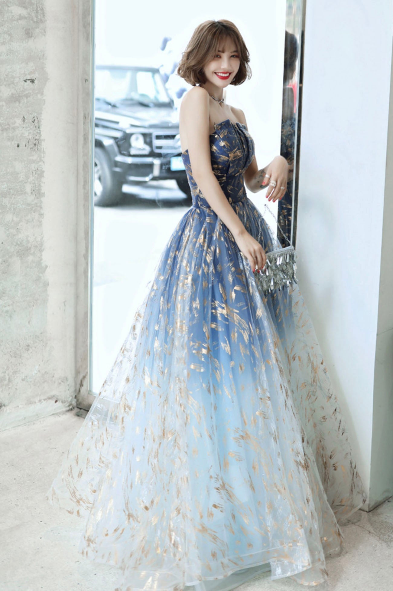 Blue Gradient Tulle Long Prom Dress, A-Line Strapless Evening Party Dress