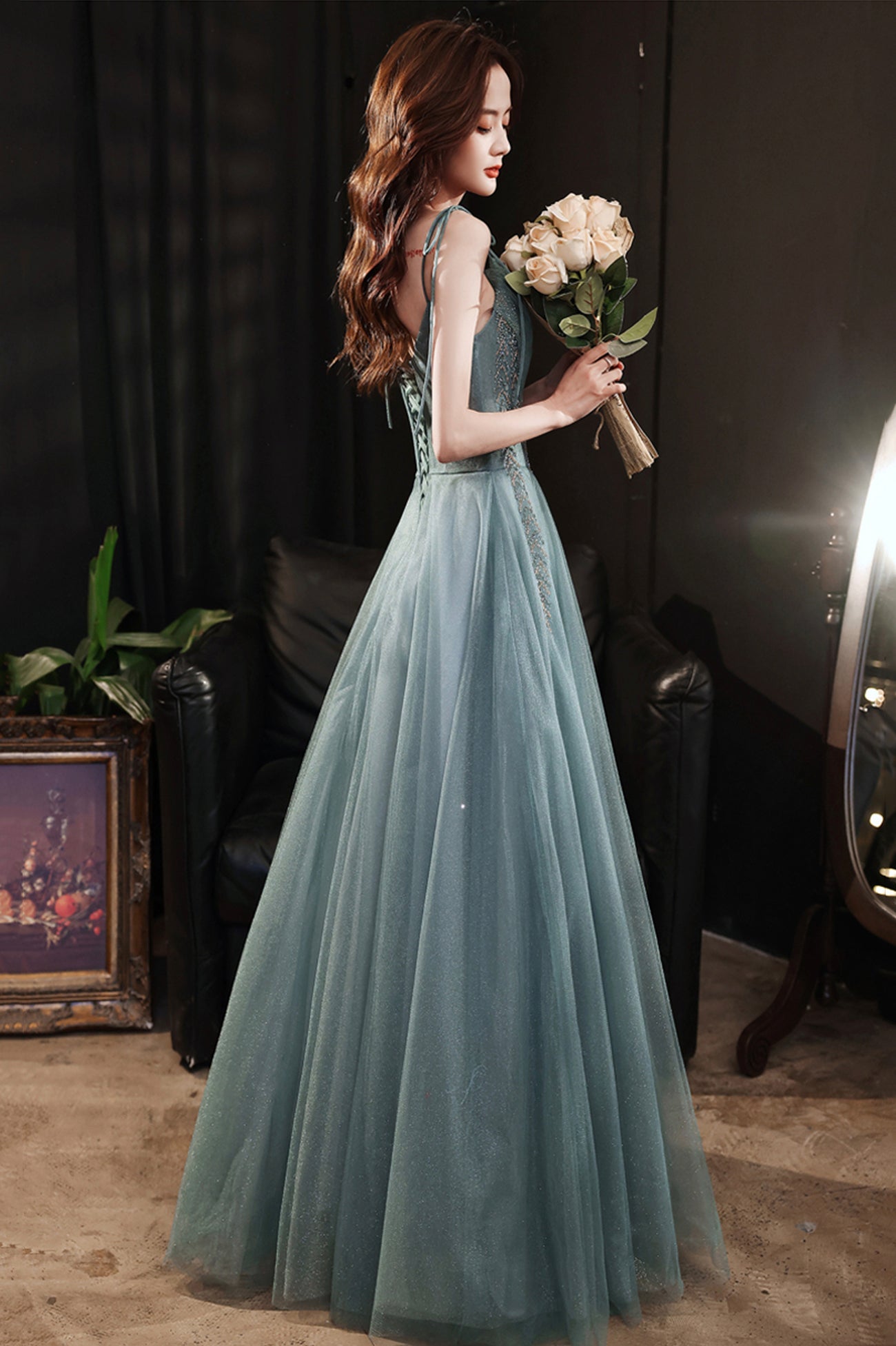 Beautiful Green Tulle Long Prom Dress, A-Line Spaghetti Straps Evening Dress