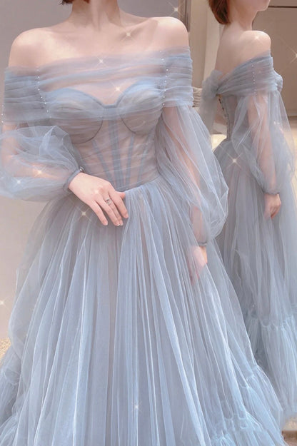 Blue Tulle Long A-Line Prom Dress, Blue Off the Shoulder Evening Party Dress