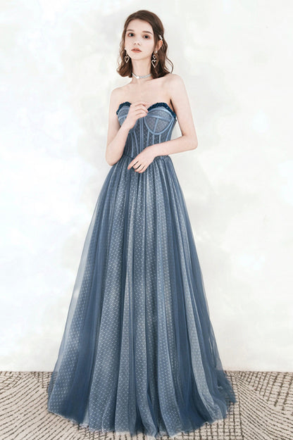 Blue Sweetheart Neckline Tulle Long Prom Dress, A-Line Strapless Evening Dress
