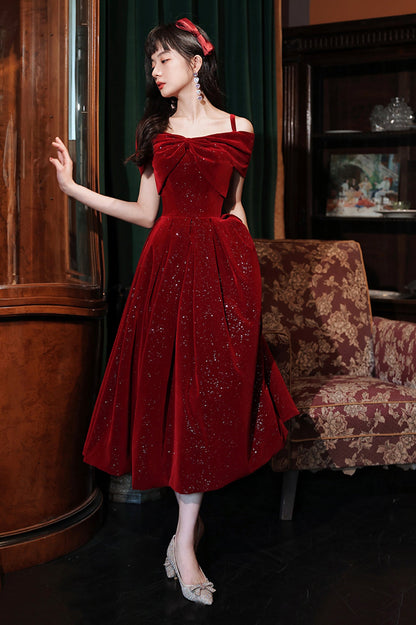 Cute Velvet Short A-Line Prom Dress, Burgundy Off the Shoulder Party Dress