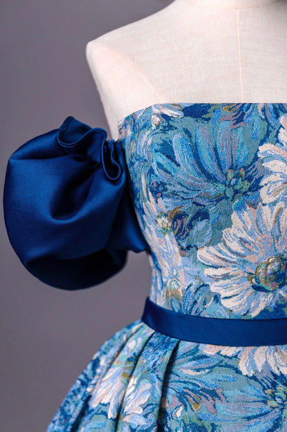 Blue Printed Long A-Line Prom Dress, Blue Off the Shoulder Formal Evening Dress