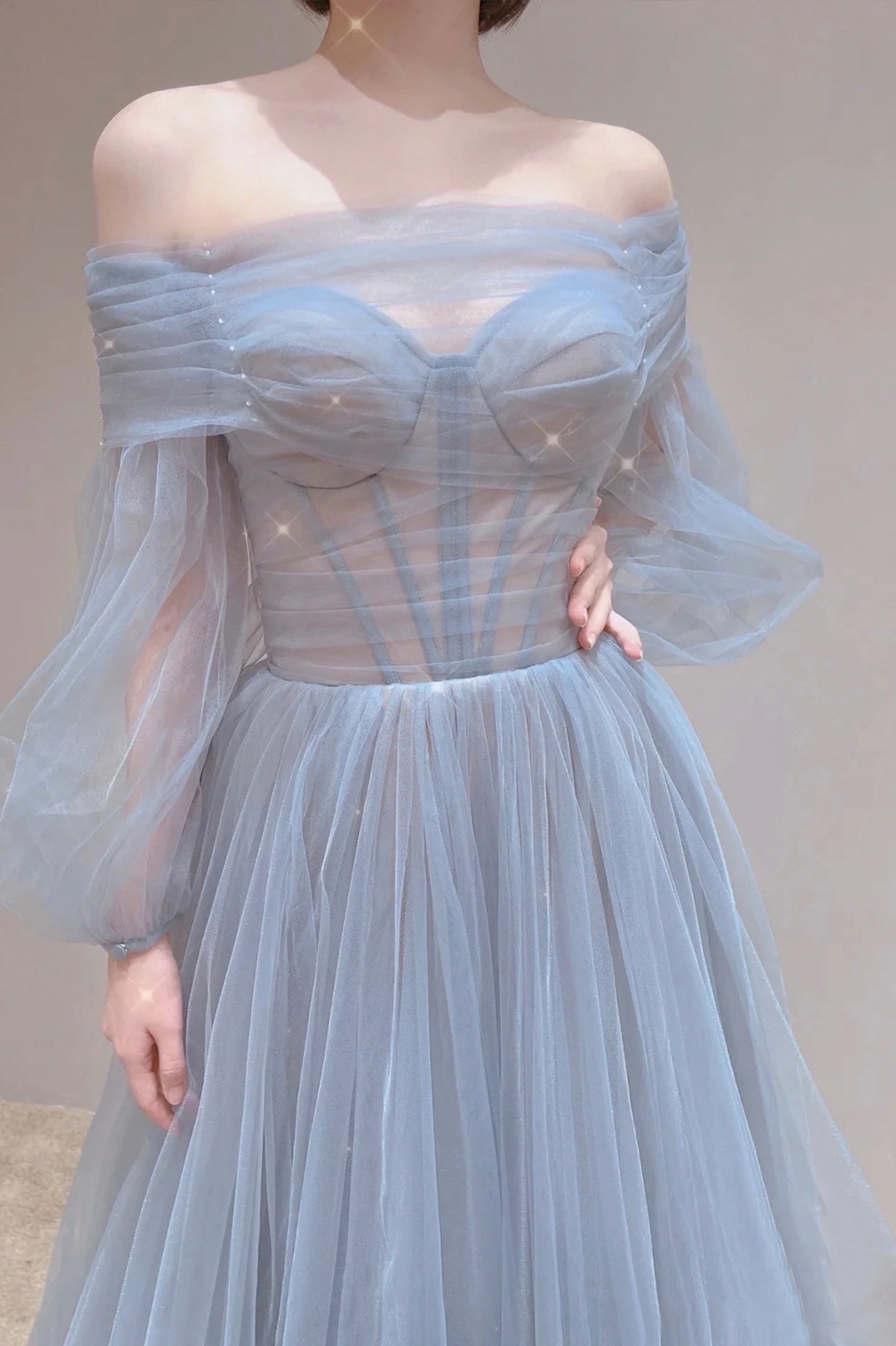 Blue Tulle Long A-Line Prom Dress, Blue Off the Shoulder Evening Party Dress