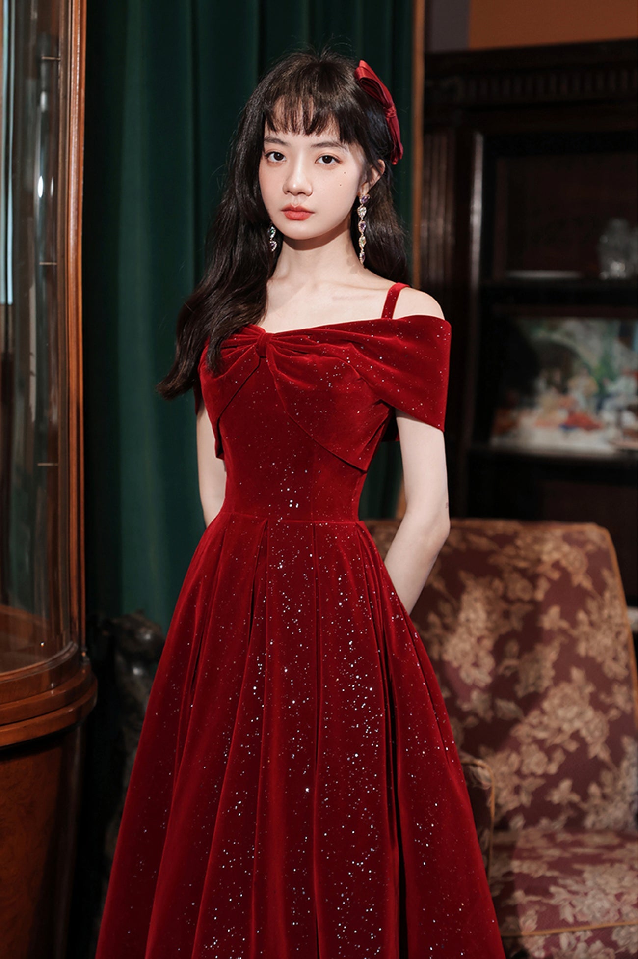 Cute Velvet Short A-Line Prom Dress, Burgundy Off the Shoulder Party Dress