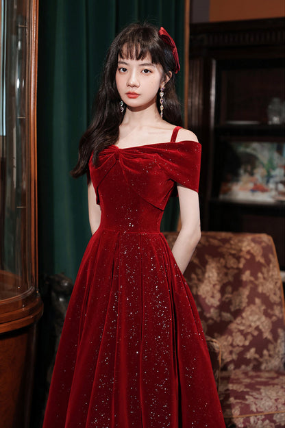 Cute Velvet Short A-Line Prom Dress, Burgundy Off the Shoulder Party Dress