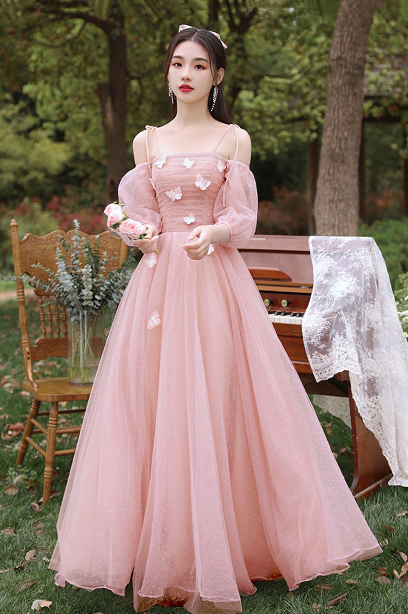 Pink Tulle Long A-Line Prom Dress, Cute Pink Evening Party Dress