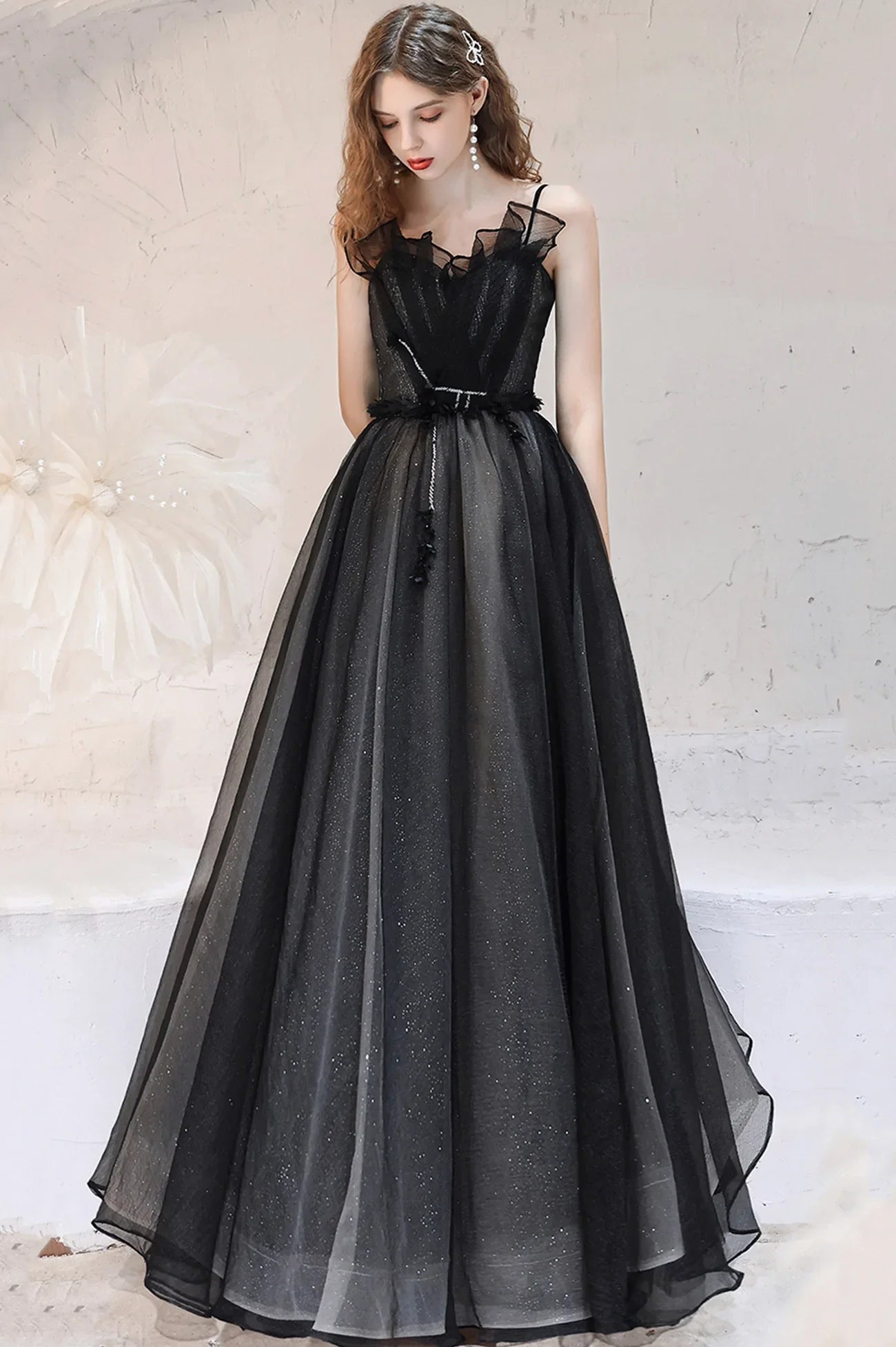Black Tulle Long A-Line Prom Dress, A-Line Spaghetti Strap Evening Party Dress