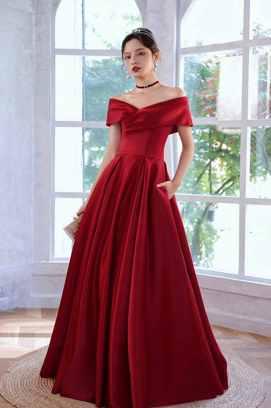 Burgundy Satin Long A-Line Prom Dress, Simple V-Neck Evening Dress