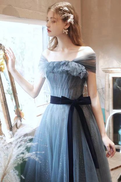 Blue Tulle Long A-Line Prom Dress, Off the Shoulder Evening Graduation Dress