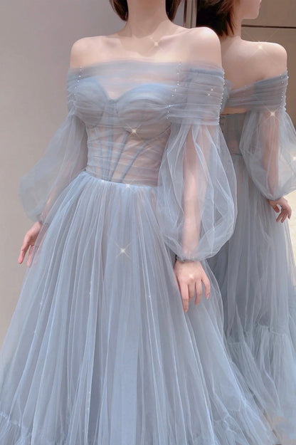 Blue Tulle Long A-Line Prom Dress, Blue Off the Shoulder Evening Party Dress