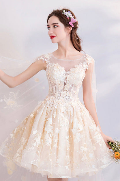 Champagne Scoop Neckline Lace Short Prom Dress, A-Line Homecoming Party Dress