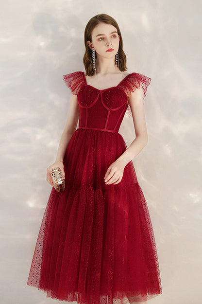 Burgundy Tulle Short Prom Dress, Cute A-Line Homecoming Party Dress