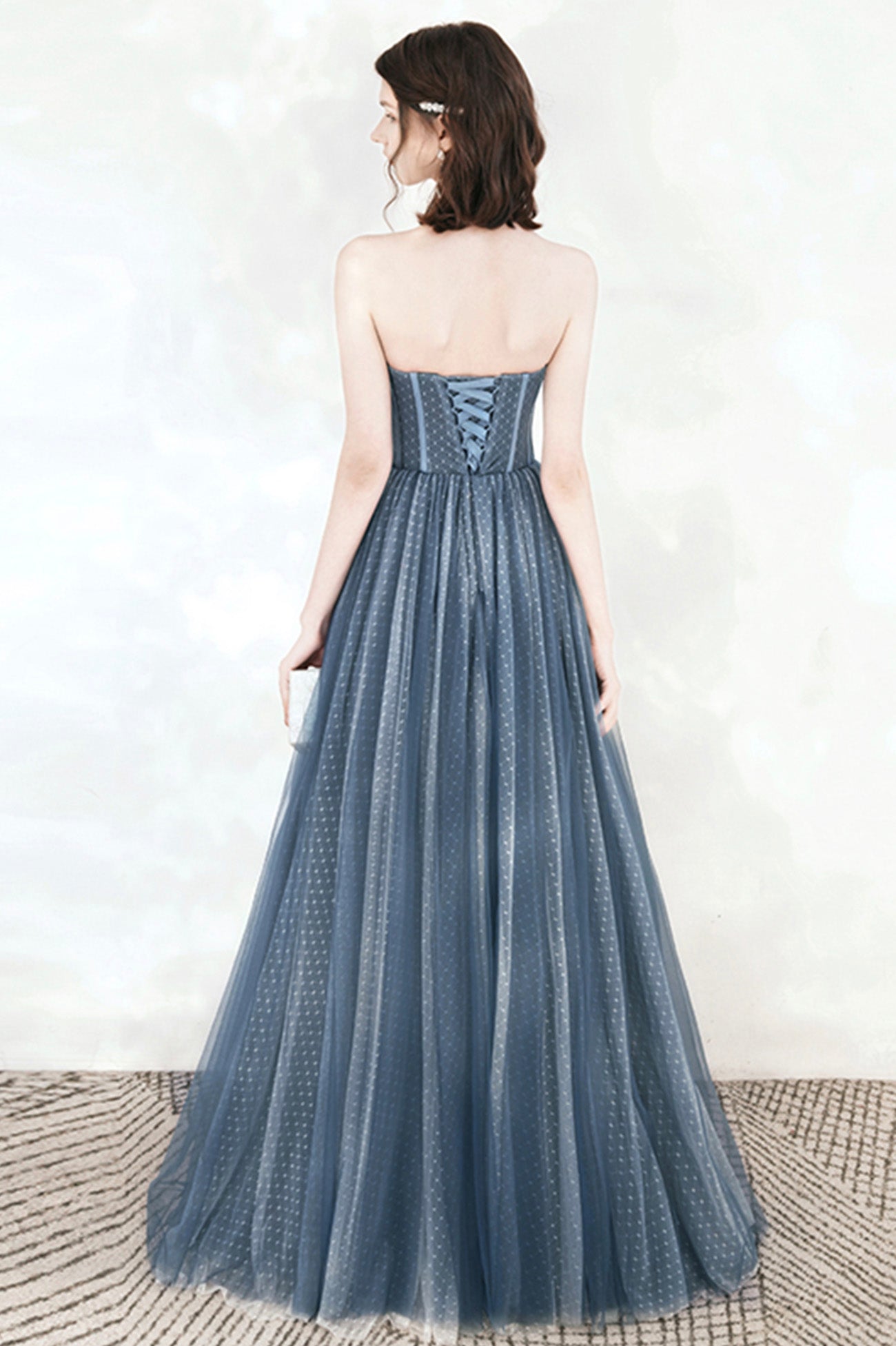 Blue Sweetheart Neckline Tulle Long Prom Dress, A-Line Strapless Evening Dress