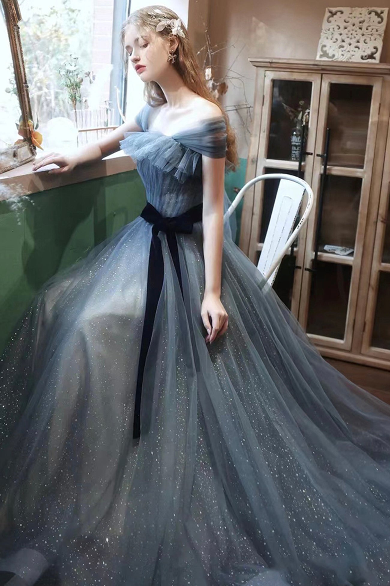 Blue Tulle Long A-Line Prom Dress, Off the Shoulder Evening Graduation Dress