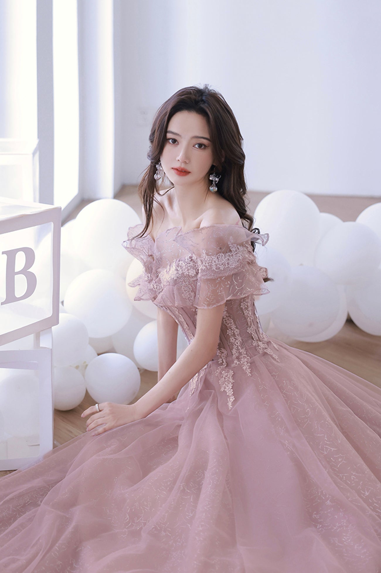 Pink Lace Off the Shoulder Prom Dress, Cute Pink Graduation Dress