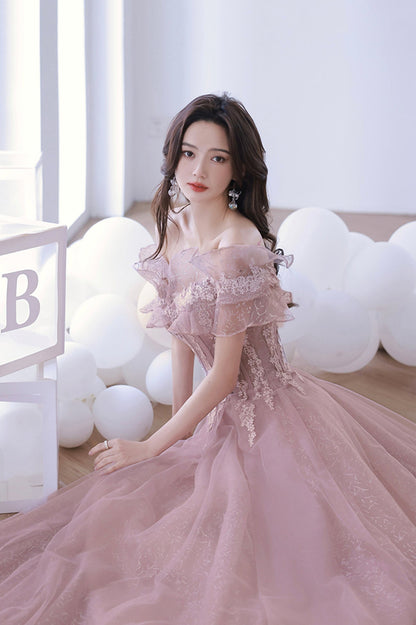 Pink Lace Off the Shoulder Prom Dress, Cute Pink Graduation Dress