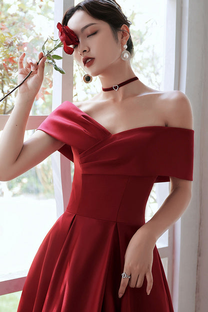 Burgundy Satin Long A-Line Prom Dress, Simple V-Neck Evening Dress