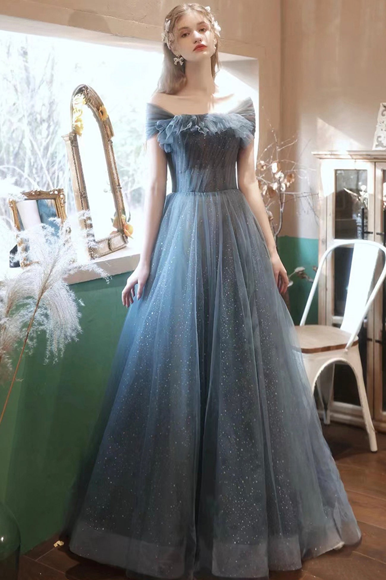 Blue Tulle Long A-Line Prom Dress, Off the Shoulder Evening Graduation Dress