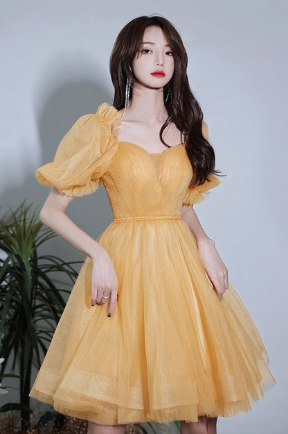 Yellow Short Tulle Party Dress, A-Line Off the Shoulder Homecoming Dress