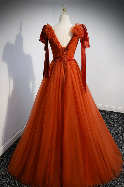 A-Line Tulle Long Prom Dress, Orange V-Neck Long Simple Evening Dress