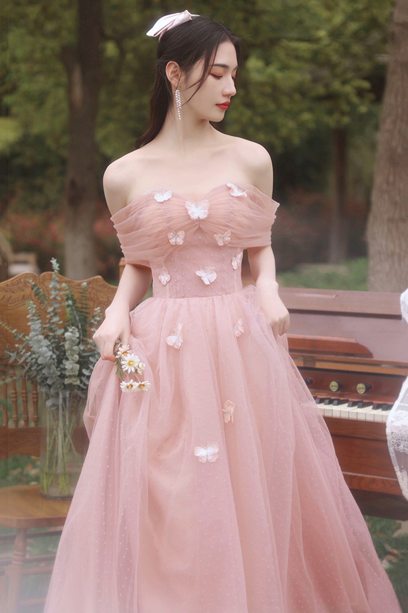 Pink Tulle Long A-Line Prom Dress, Cute Pink Evening Party Dress