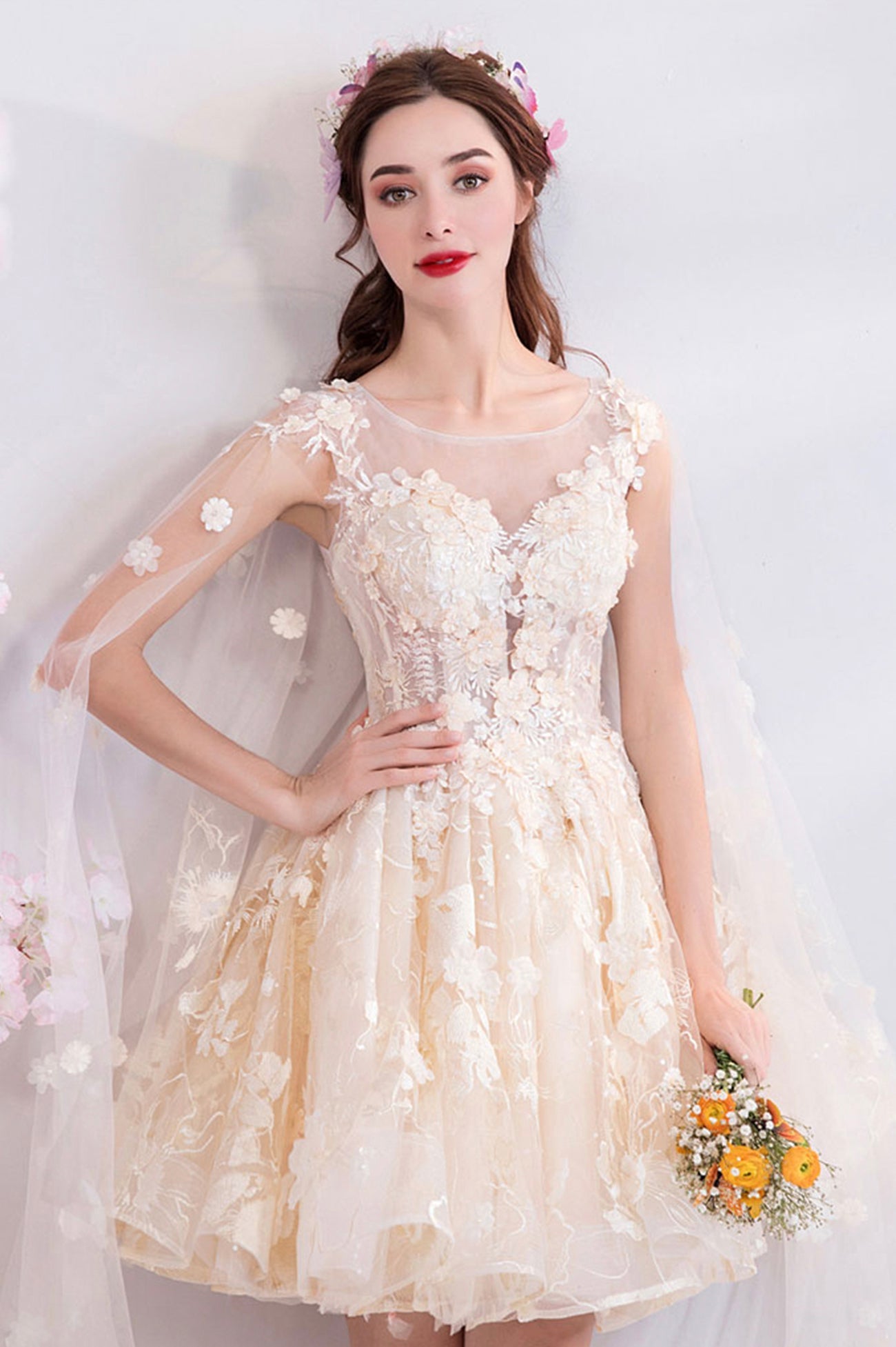 Champagne Scoop Neckline Lace Short Prom Dress, A-Line Homecoming Party Dress