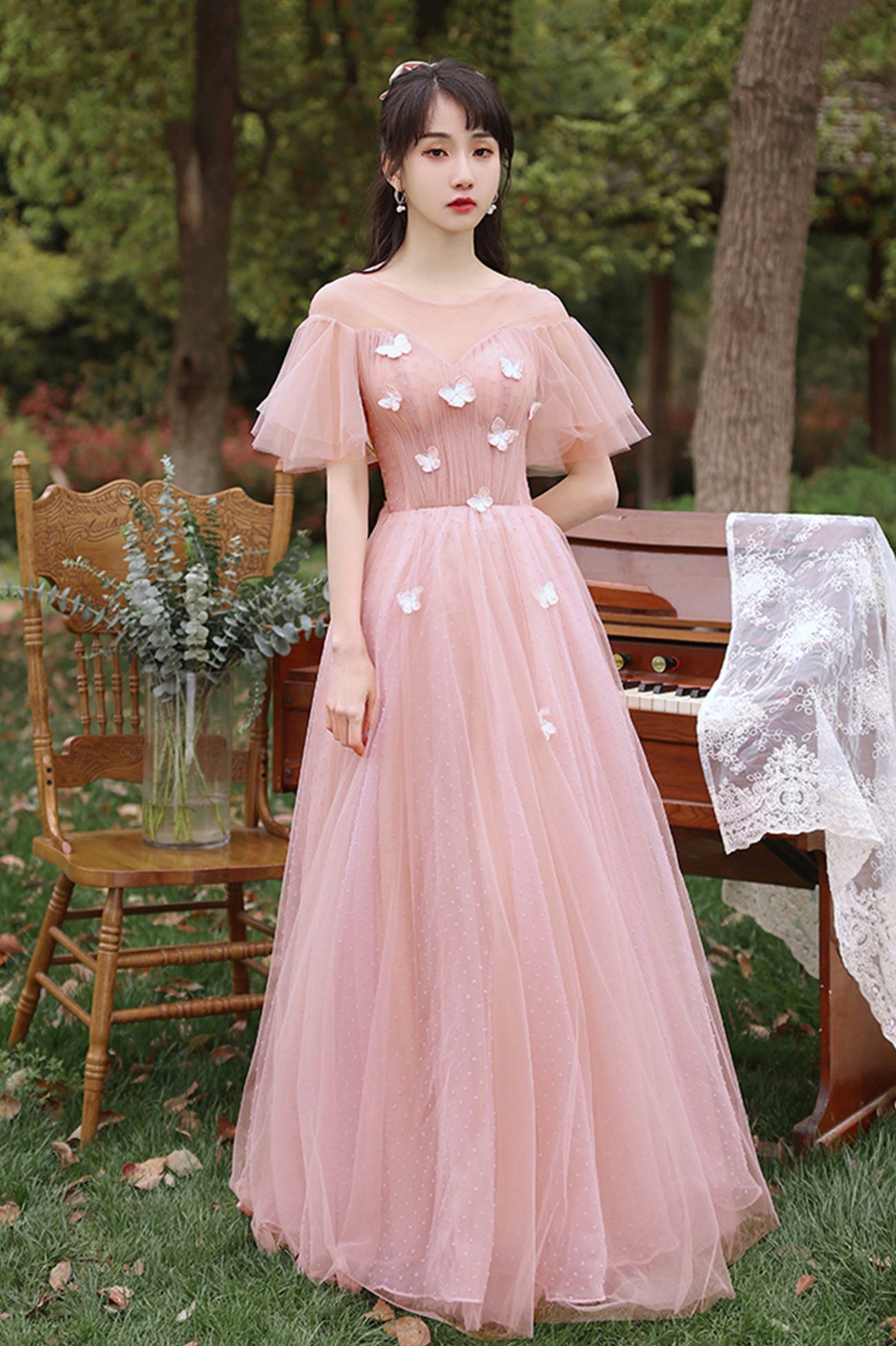 Pink Tulle Long A-Line Prom Dress, Cute Pink Evening Party Dress
