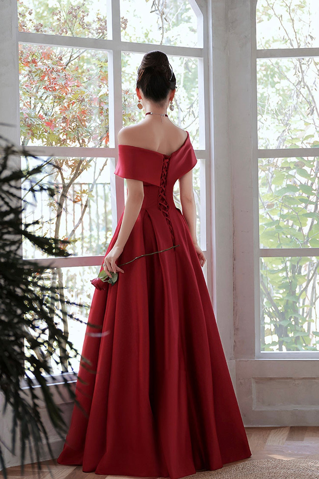 Burgundy Satin Long A-Line Prom Dress, Simple V-Neck Evening Dress