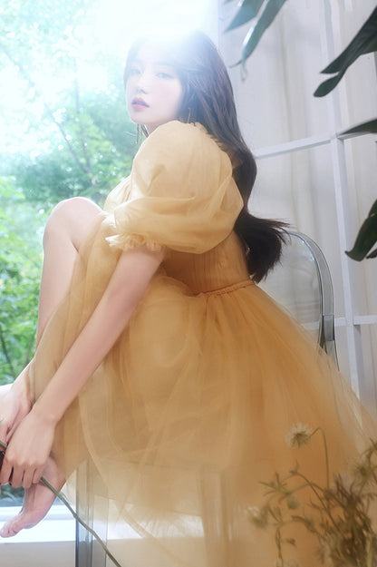 Yellow Short Tulle Party Dress, A-Line Off the Shoulder Homecoming Dress