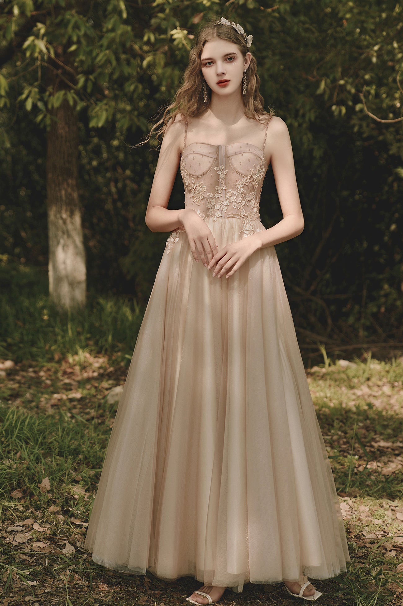 A-Line Tulle Lace Long Evening Dress, Cute Spaghetti Strap Prom Dress