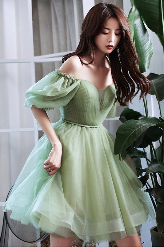 Green Tulle Short A-Line Prom Dress, Cute Short Sleeve Evening Party Dress