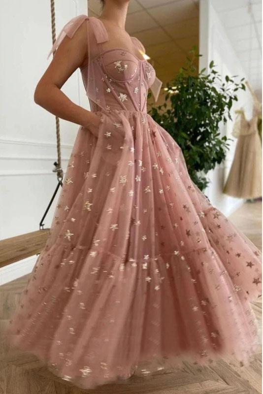 Sparkly Stars Tulle Blush Pink Prom Dresse Shiny Princess Evening Dress With Straps KS8072