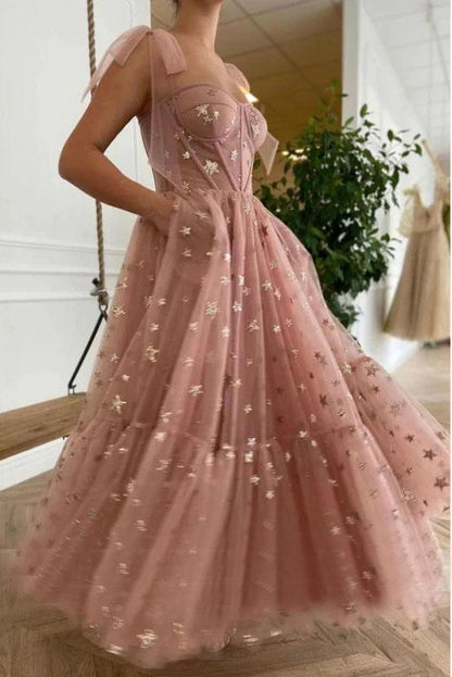 Sparkly Stars Tulle Blush Pink Prom Dresse Shiny Princess Evening Dress With Straps KS8072