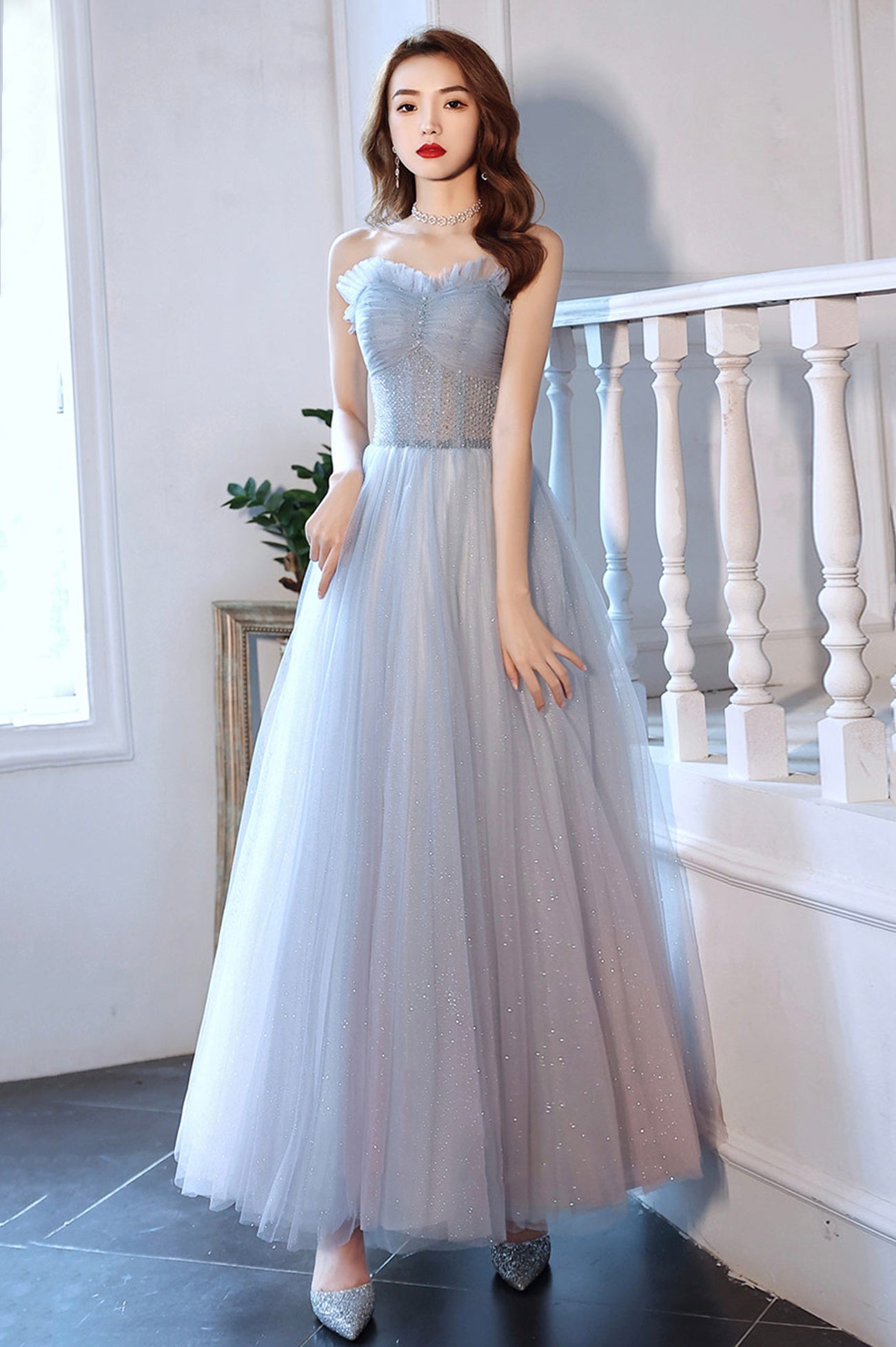 Blue Tulle Long A-Line Prom Dress with Beaded, Blue Strapless Evening Dress
