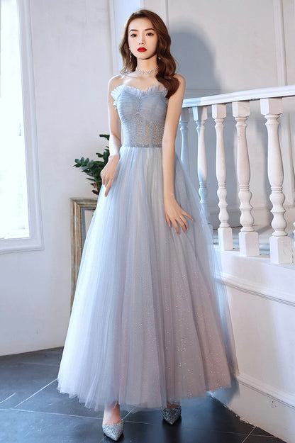 Blue Tulle Long A-Line Prom Dress with Beaded, Blue Strapless Evening Dress
